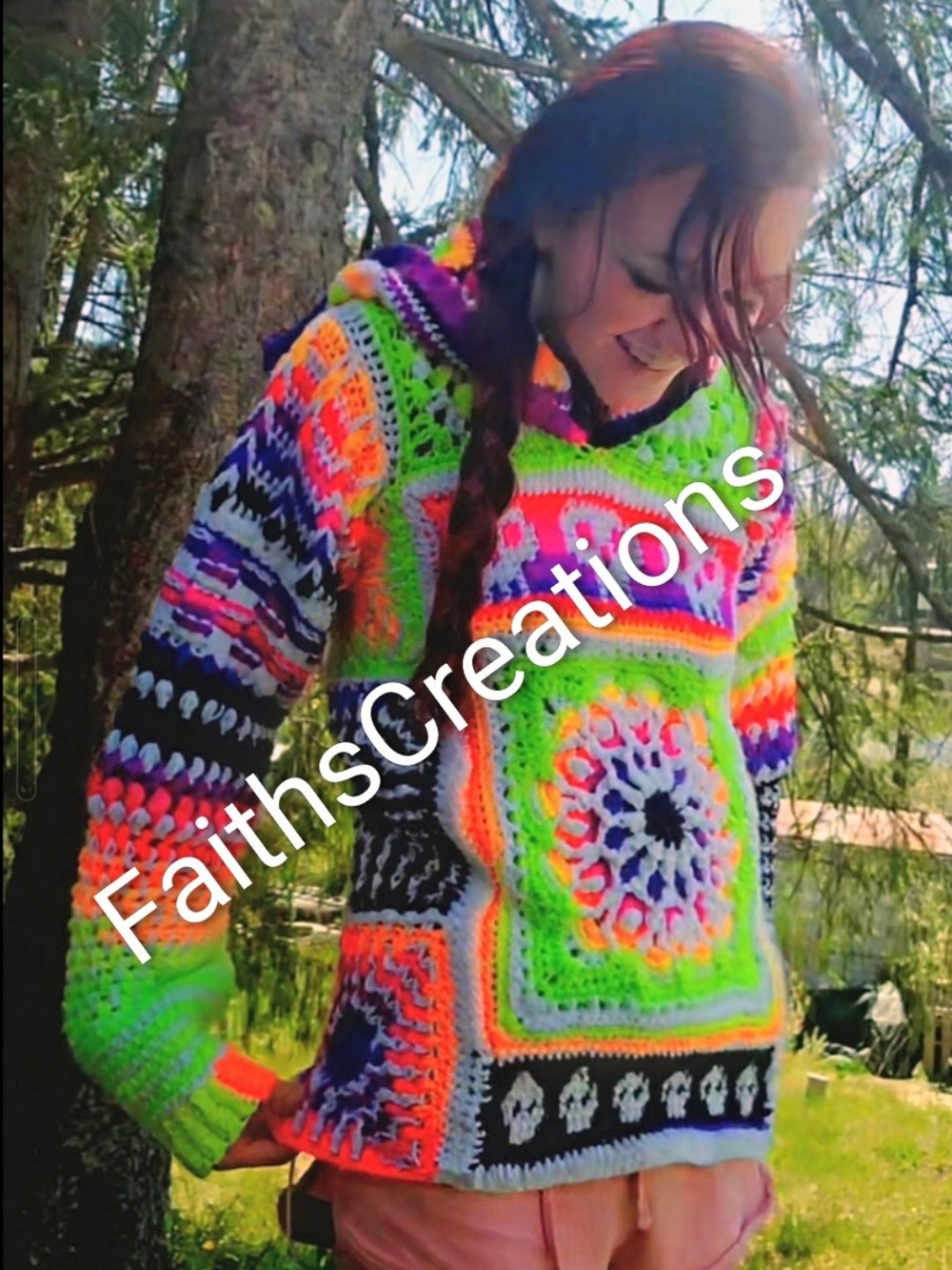 FaithsCreations Neon Crochet Patchwork Handmade Hoodie